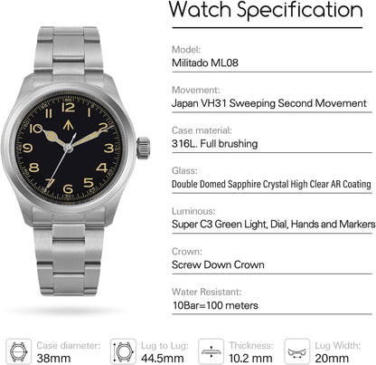 HOTTACTICAL FROG Militado ML08 Field Watch Japanese Sweep VH31 / 515 Movt with Calendar, Men's Military Watch Sapphire Crystal 10 ATM Waterproof Analog Watches for Men