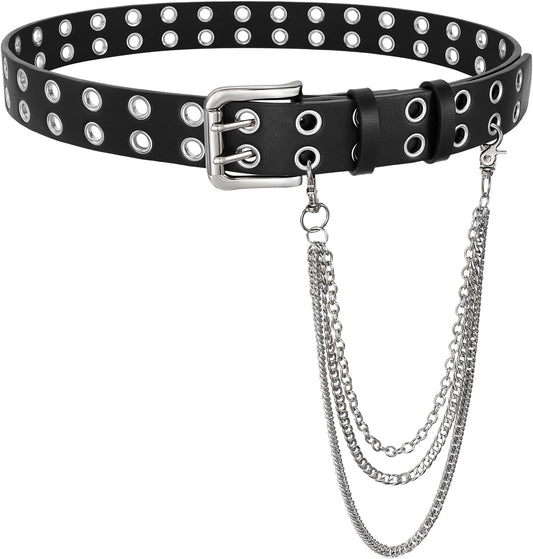HOTBELTROAD Double Grommet Studded Belt with Detachable Chain Goth Belt for Men Women Punk Rock Metal for Jeans Pants