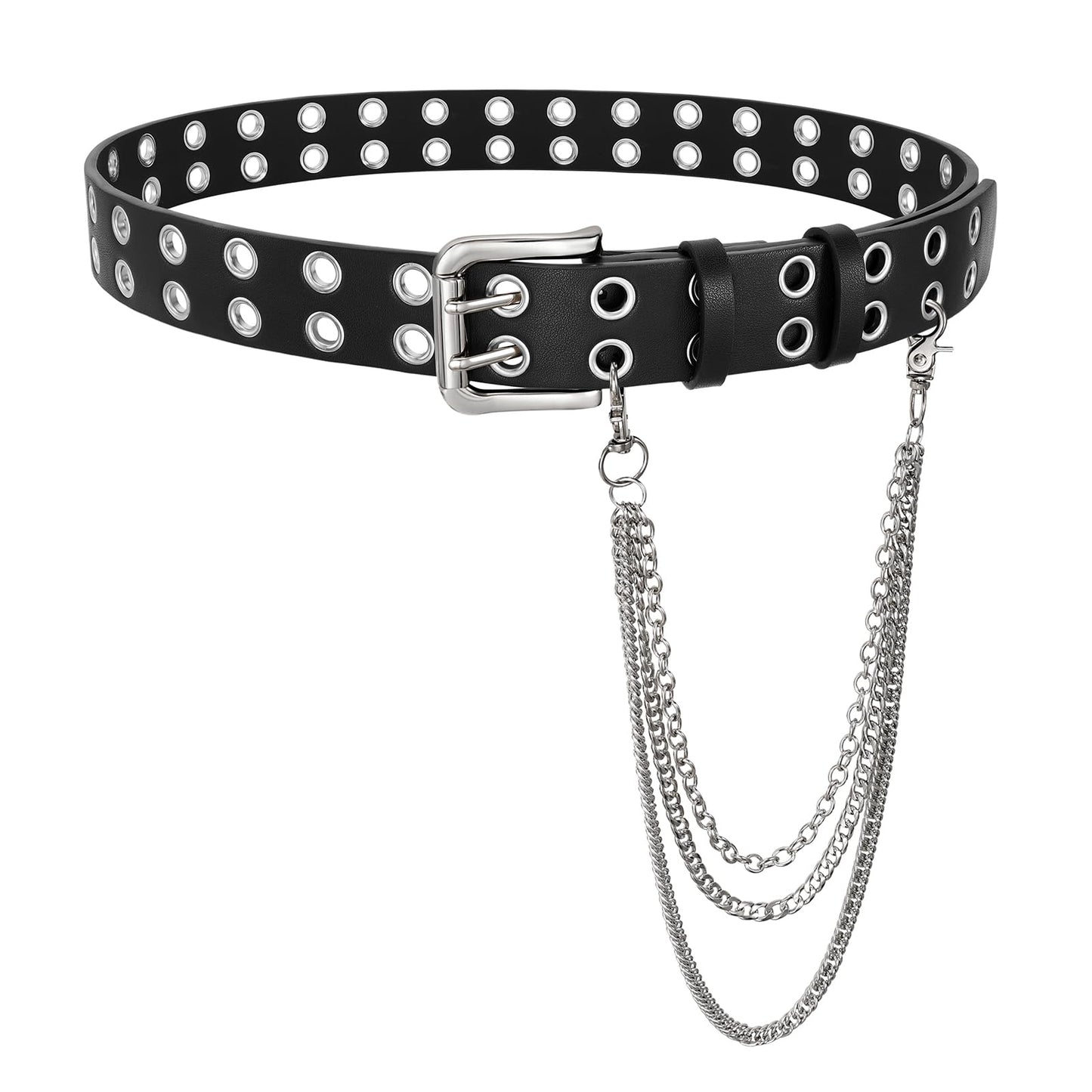 HOTBELTROAD Double Grommet Studded Belt with Detachable Chain Goth Belt for Men Women Punk Rock Metal for Jeans Pants