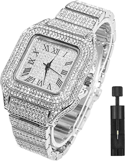 HOTApzzic Diamond Iced Out Watch CZ Gold Plated 40mm Width Roman Numerals Dial Quartz Wristband Watch for Men Women