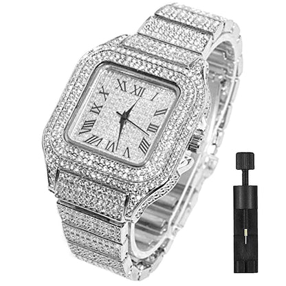HOTApzzic Diamond Iced Out Watch CZ Gold Plated 40mm Width Roman Numerals Dial Quartz Wristband Watch for Men Women