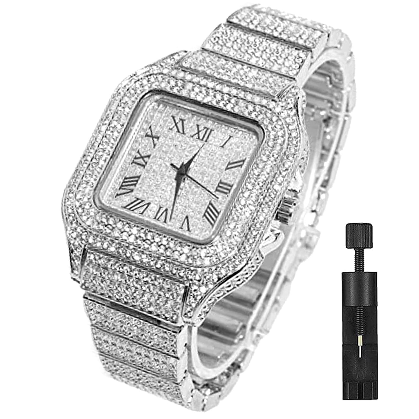 HOTApzzic Diamond Iced Out Watch CZ Gold Plated 40mm Width Roman Numerals Dial Quartz Wristband Watch for Men Women