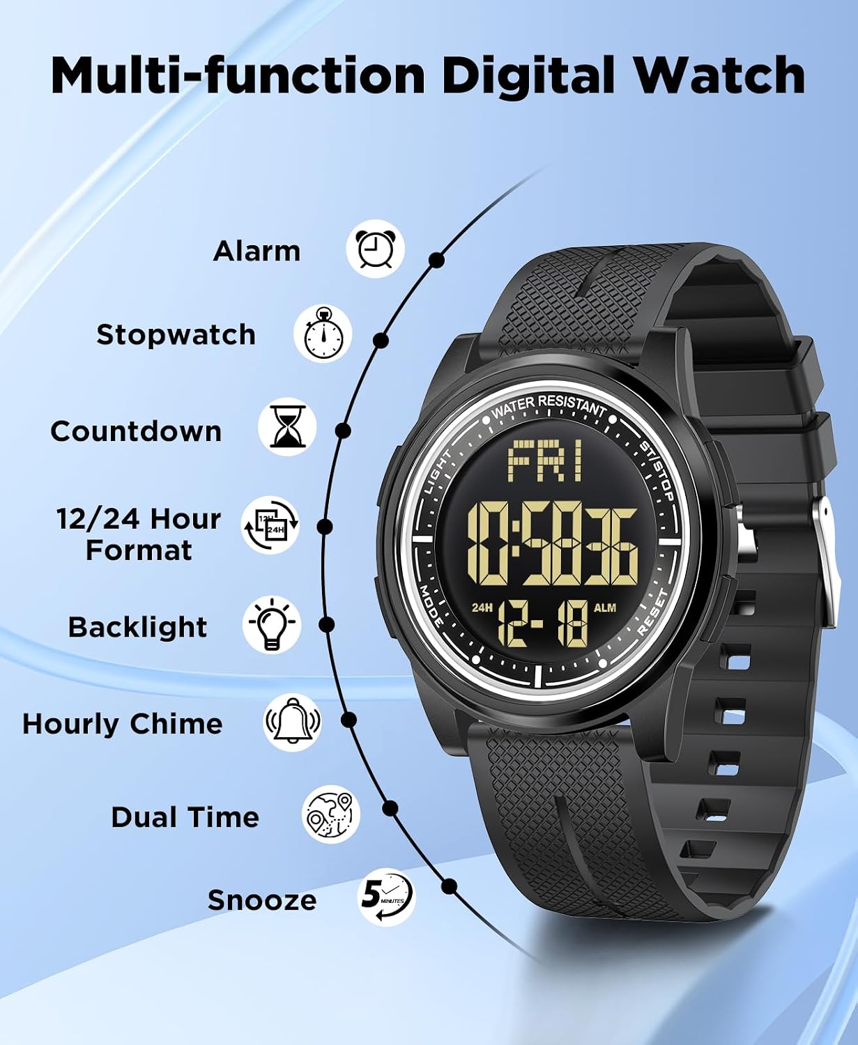 HOTBeeasy Digital Watch for Men Women, 50M Waterproof, Ultra-Thin & Lightweight, 44mm Silicone Sports Watch with Alarm, Stopwatch, Countdown, Ideal for Gym, Running, School, Daily Wear