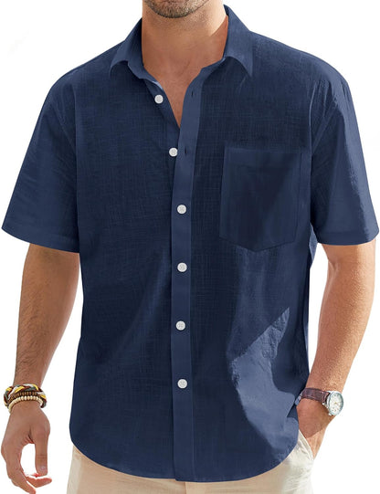 HOTJ.VER Mens Linen Shirt Short Sleeve Button Down Casual Summer Shirts | Cotton Linen, Untucked, Big Tall, from Beach Camp Vacation, Cruise Fishing, Work Office, to Wedding Party Family, with Pocket