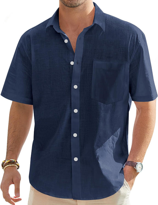 HOTJ.VER Mens Linen Shirt Short Sleeve Button Down Casual Summer Shirts | Cotton Linen, Untucked, Big Tall, from Beach Camp Vacation, Cruise Fishing, Work Office, to Wedding Party Family, with Pocket