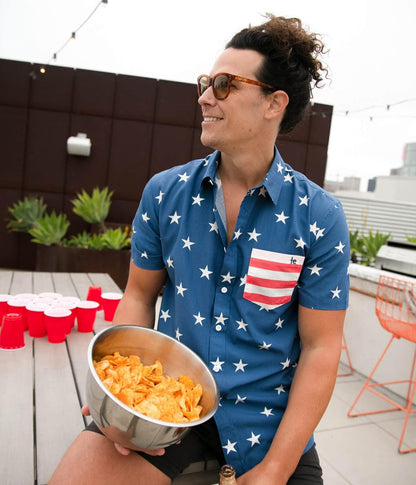 HOTTipsy Elves Patriotic Shirts for Men - USA Short Sleeve Button Up American Flag Shirts for Men for 4th of July