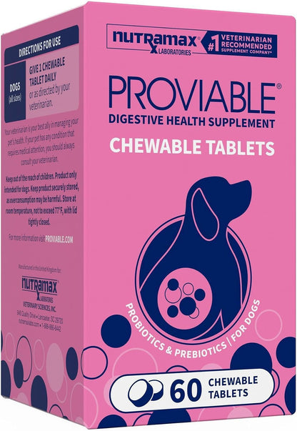 HOTNutramax Proviable Probiotics for Dogs, Daily Digestive Health Supplement with Multiple Strains of Bacteria, Dog Probiotics Plus Prebiotics, 60 Chewable Tablets