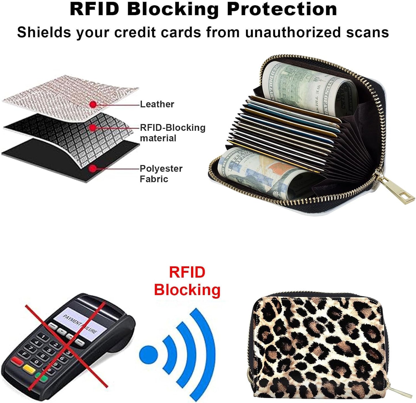 HOTWomens Card Wallet with Zipper, RFID Blocking Small Credit Card Holder Case, PU Leather Accordion Card Wallet for Women, Compact Travel ID & Cash Organizer, Leopard Print 02