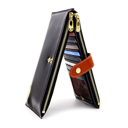 HOTANDOILT Women's Genuine Leather Wallet RFID Blocking Credit Card Holder Zipper Purse Cell Phone Handbag