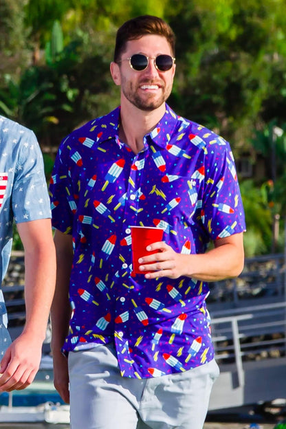 HOTTipsy Elves Patriotic Shirts for Men - USA Short Sleeve Button Up American Flag Shirts for Men for 4th of July