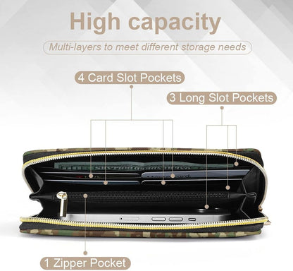 HOTPortable Womens Long PU Leather Wallet Army Classic Camouflage Pattern, Large Capacity Multi Card Slot Organizer, Waterproof Slim Purse for Shopping Trips