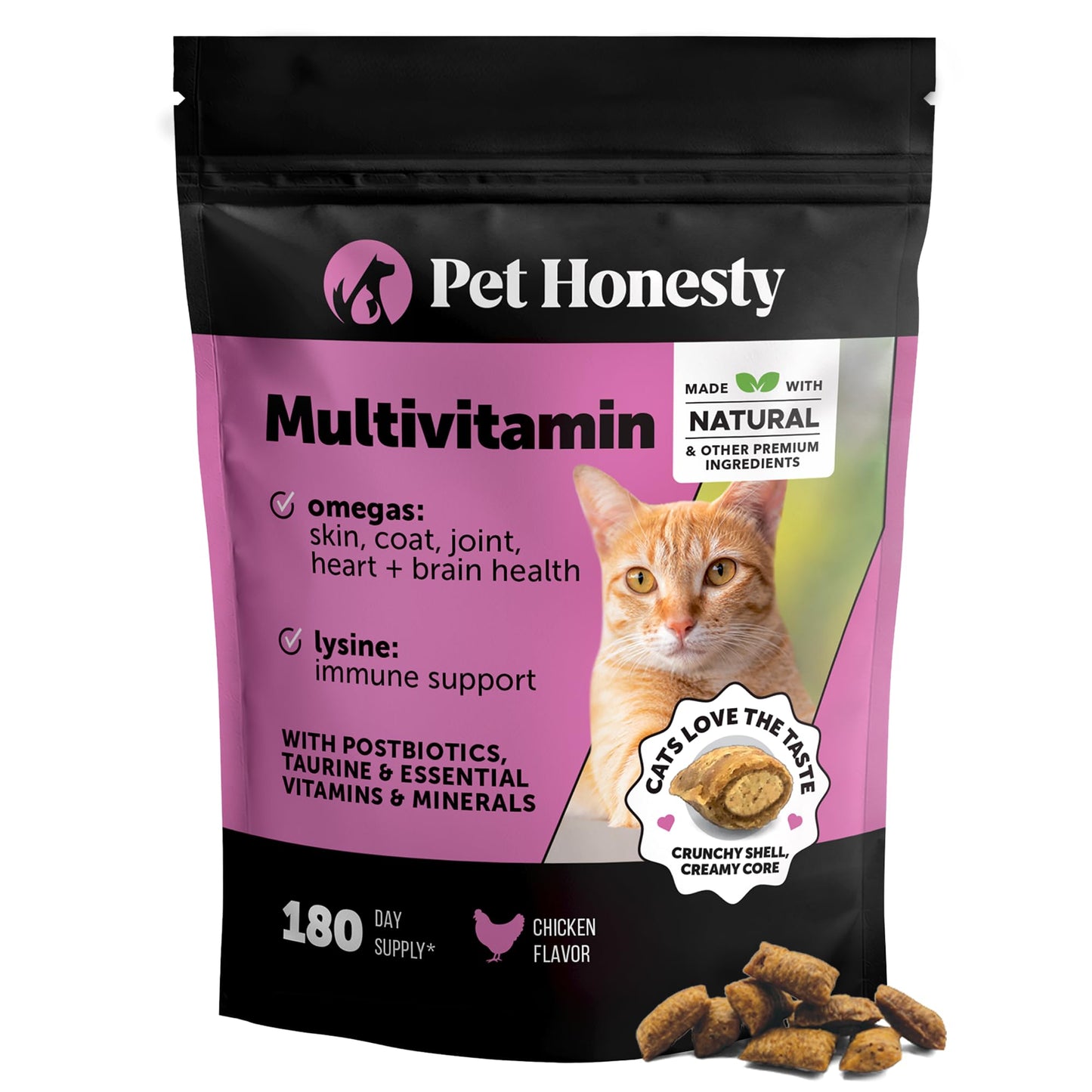 HOTCat Multivitamin Crunchy Creamy Chews - Daily Cat Vitamins with Lysine, Prebiotics, Omega 3 Fish Oil - Cat Treats for Immune Support, Skin Coat, Digestion, Heart + Joint Health (30-Day Supply)