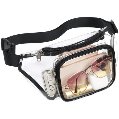 HOTVeckle Clear Fanny Pack Stadium Approved - Waist Belt Bag for Women, Black | Hands-Free Adjustable Strap, 2 Pockets Fit 7.5 in Phone, Water-Resistant for Sports Game Day Concerts Festival