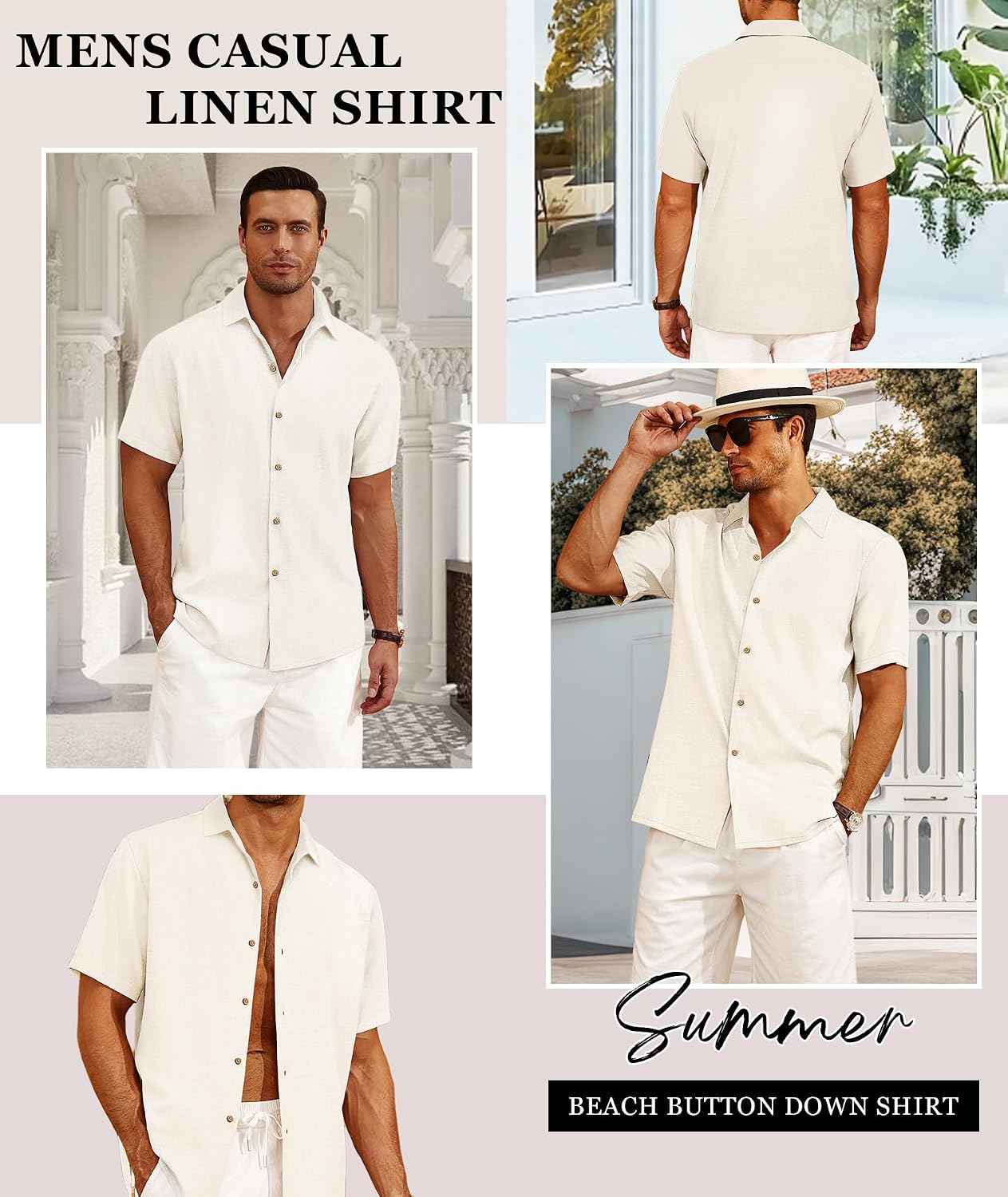 HOTCURBODO Linen Blend Shirts for Men Casual Short Sleeve Button Down Shirt Cool Summer Beach Wedding Vacation Tops