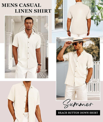 HOTCURBODO Linen Blend Shirts for Men Casual Short Sleeve Button Down Shirt Cool Summer Beach Wedding Vacation Tops