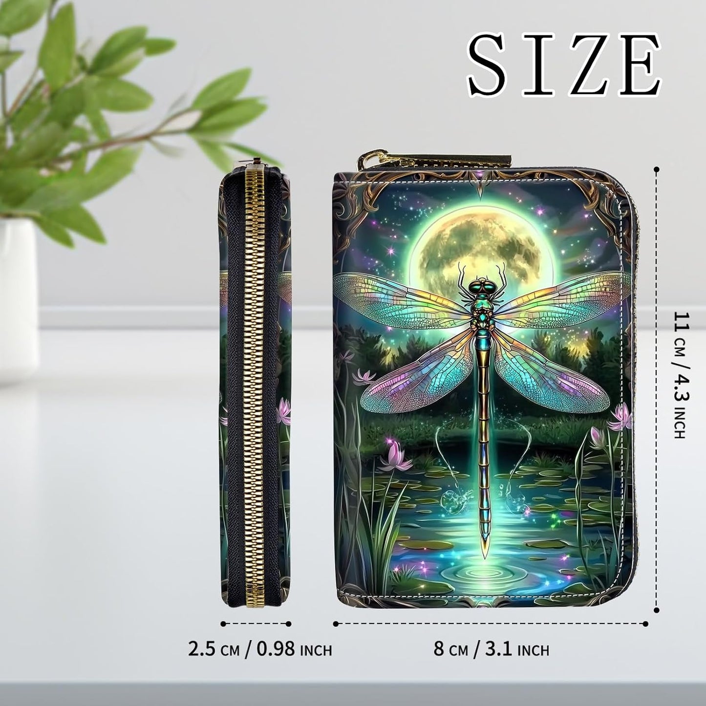 HOTCredit Card Holder for Women Men,RFID Blocking Small Card Case Wallet with Zipper,Leather Pocket Business Card Accordion Wallet-Green Dragonfly