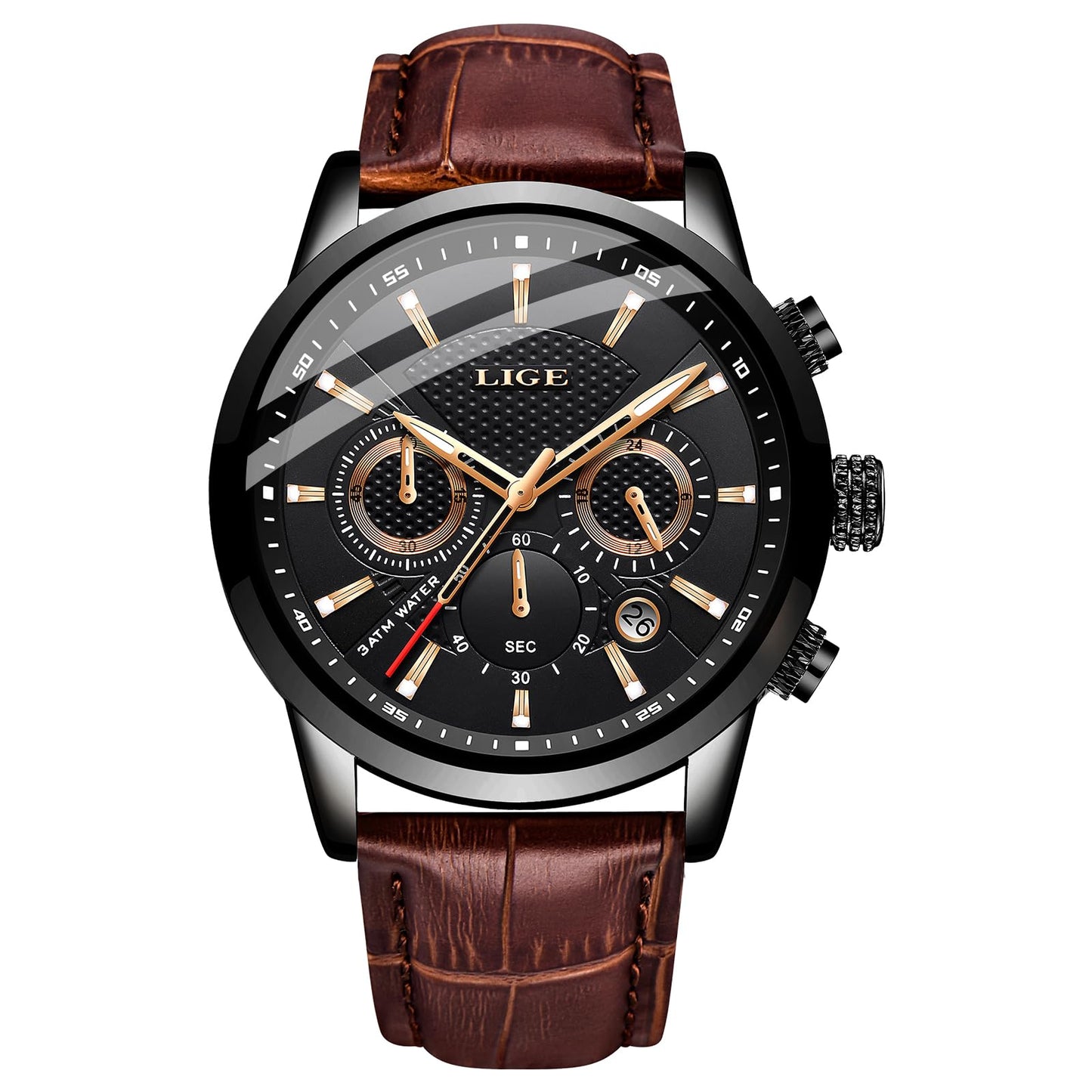 HOTLIGE Wrist Leather Watches for Men Analog Dress Chronograph Waterproof Vintage Work Casual Quartz with Date Display Chronograph Luminous 30M Water Resistant Business Classic Mens Watch