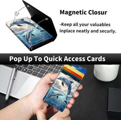HOTPop Up Wallet Women Men with Money Slot,RFID Blocking Leather Minimalist Automatic Credit Card Holder Business Trifold Card Case-Blue Dolphin