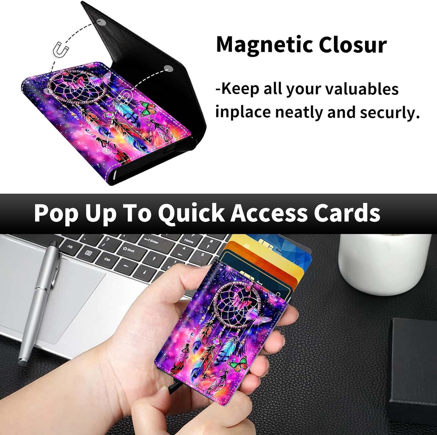 HOTPop Up Wallet Women Men with Money Slot,RFID Blocking Leather Minimalist Automatic Credit Card Holder Business Trifold Card Case-Purple Dream Catcher