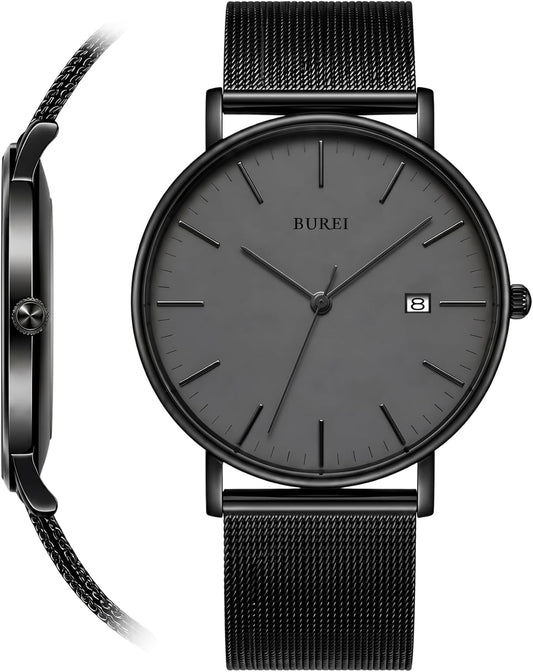 HOTBUREI Ultra Thin Minimalist Men Watch, All Black Stainless Steel Mesh Band,Analog Waterproof Casual Business Wristwatch, Gift for Father
