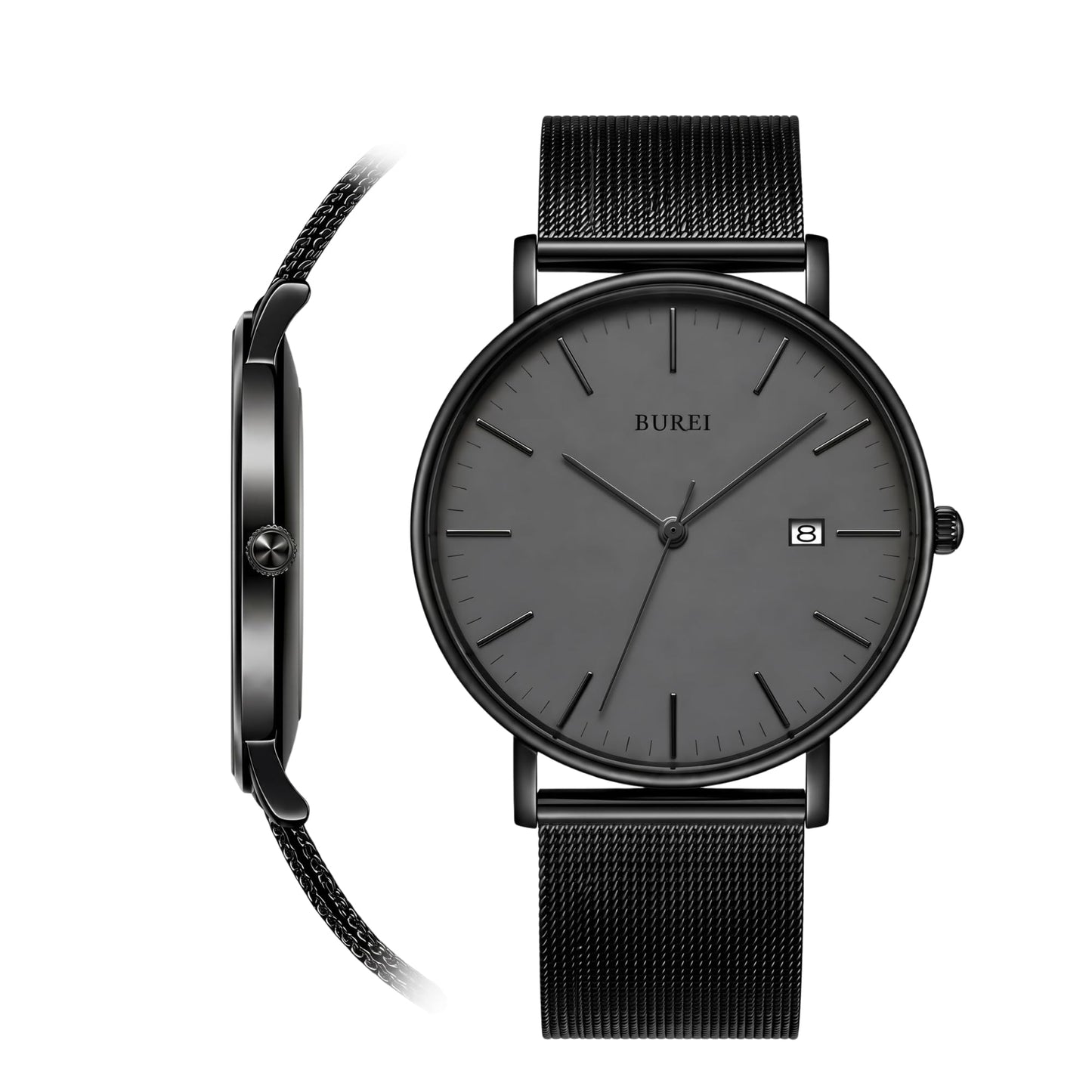HOTBUREI Ultra Thin Minimalist Men Watch, All Black Stainless Steel Mesh Band,Analog Waterproof Casual Business Wristwatch, Gift for Father