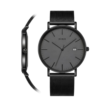 HOTBUREI Ultra Thin Minimalist Men Watch, All Black Stainless Steel Mesh Band,Analog Waterproof Casual Business Wristwatch, Gift for Father