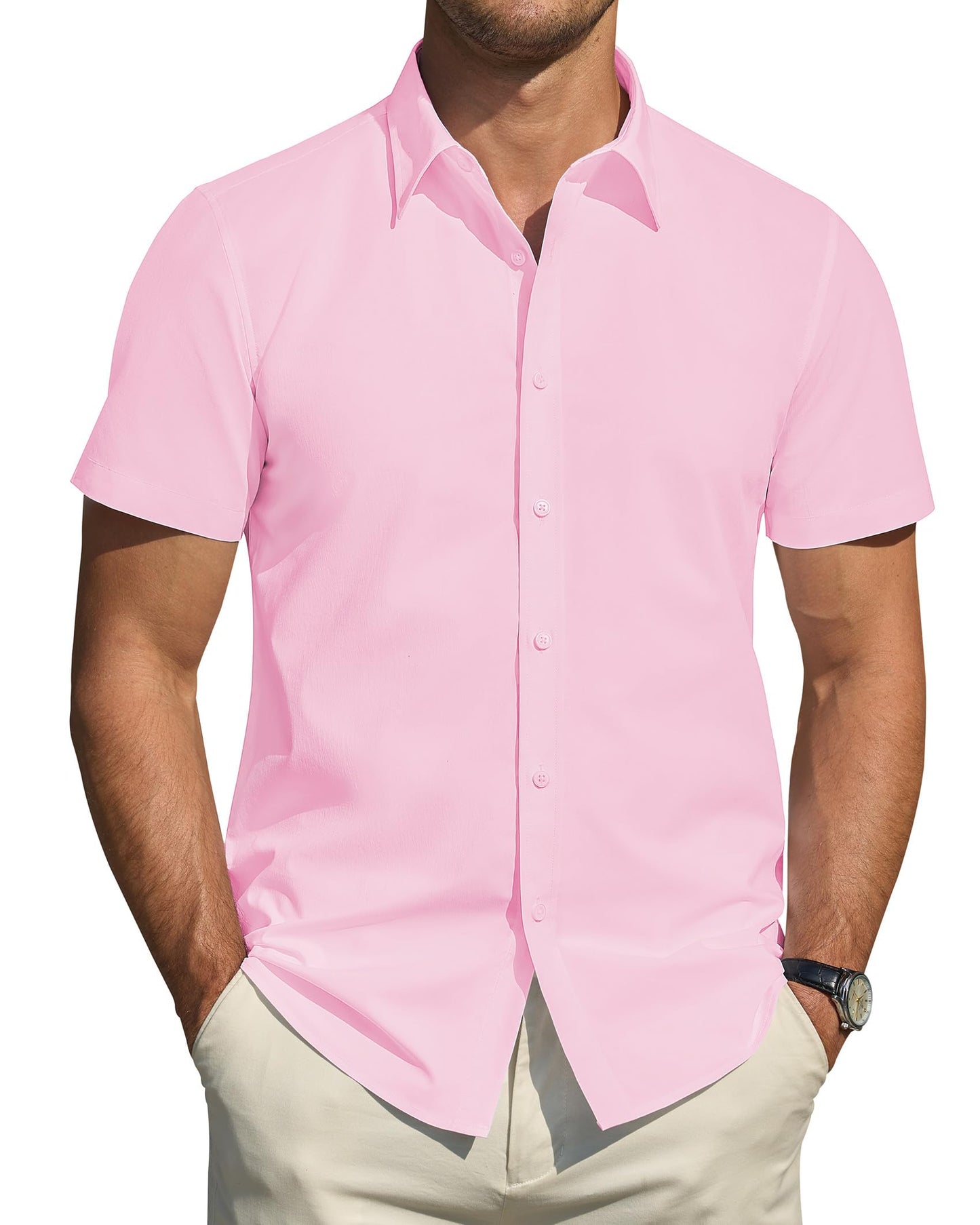 HOTJ.VER Men's Short Sleeve Dress Shirts Stretch Stain Shield Casual Button Down Shirts Solid Formal Shirt
