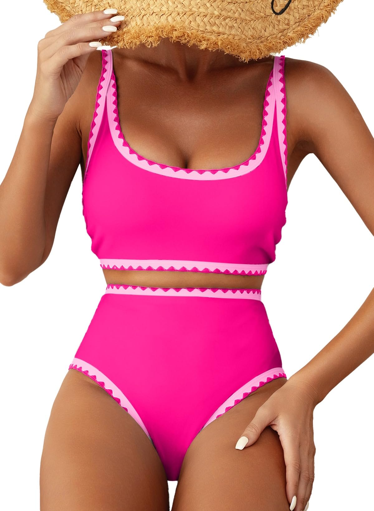 HOTHerseas Women's Bikini Sets Floral Print Whip Stitch 2 Piece Swimsuits High Waisted Scoop Bathing Suits