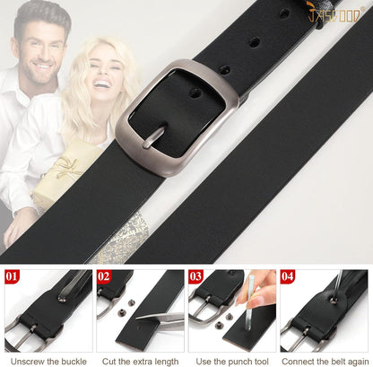 HOTJASGOOD Plus Size Women Leather Belt Black Casual Waist Belt for Jeans Pants with Metal Pin Buckle