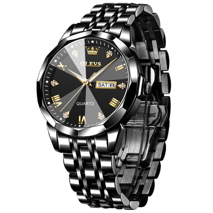 HOTOLEVS Men's Casual Stainless Steel Watch, Big Face Easy to Read Analog Quartz Watch with Day and Date, Classic Waterproof Diamond Roman Arabic Numeral Dial Dress Watch for Men, Gold Silver Black Band