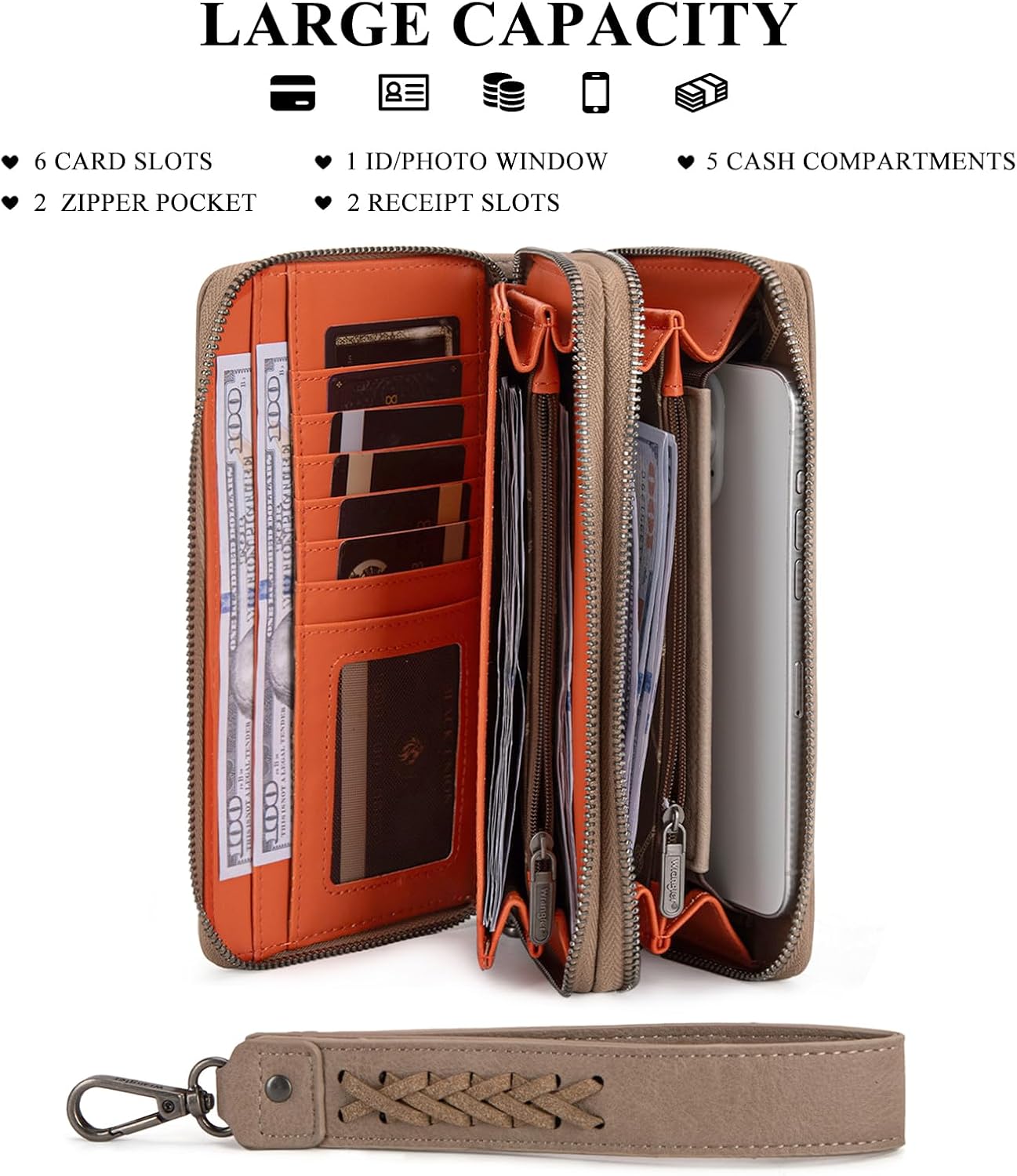 HOTMontana West X Wrangler Wrist Wallets for Women Ladies Female Large Capacity Cell Phone Wallet with Rfid Lining Oversized Double Zipper Pocket Wallet with Wrist Strap