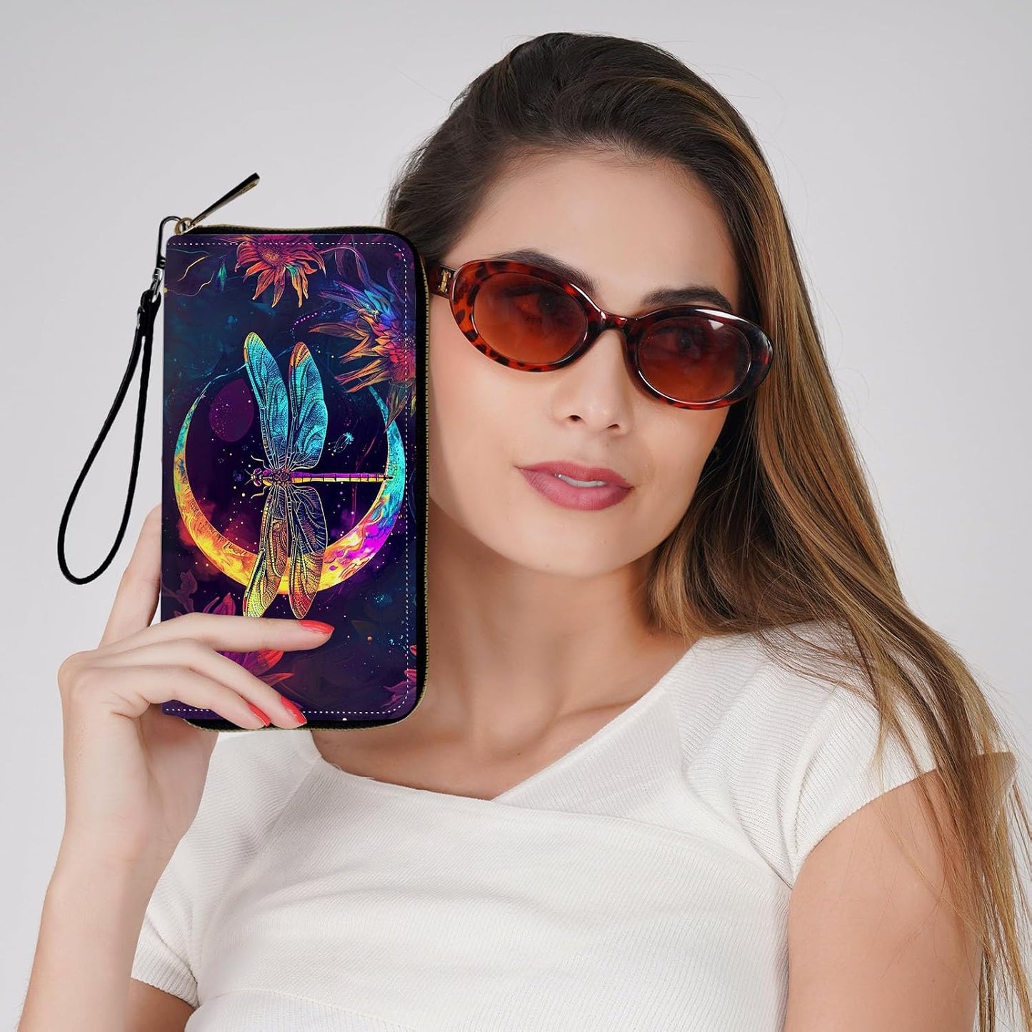 HOTLadies Wallet,Clutch Purses for Women Wallets Leather Credit Card Holder for Women Wristlet Slim Small Cute with Zipper,Thin RFID Blocking with Wrist Strap,Glitter Dragonfly Moon