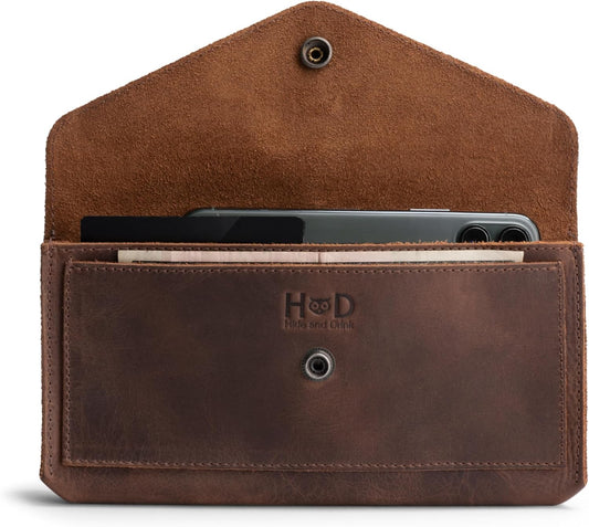 HOTHide & Drink, Full Grain Leather Large Female Wallet, Travel Organizer for Women, Vintage Money and Card Holder, Handmade, Bourbon Brown