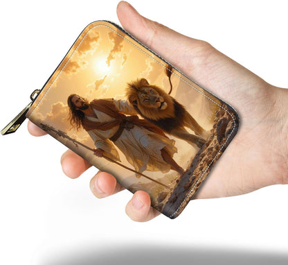 HOTSlim Zipper Card Wallet for Women — RFID Blocking Mini Wallet, PU Leather Small Credit Card Holder & Coin Pocket, Travel-Friendly Card Organizer, Man & Lion