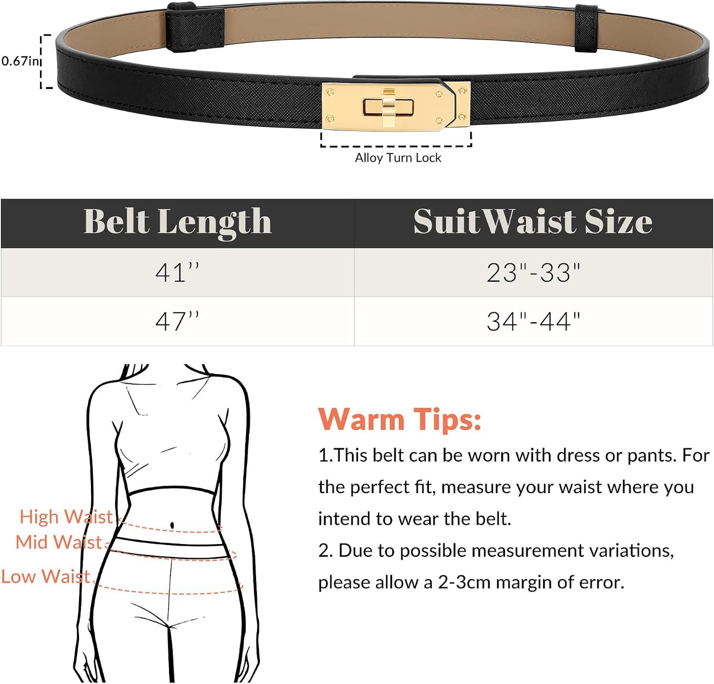 HOT2 Pack Women Skinny Leather Belt for Dresses Jeans Solid Color Alloy Turn Lock
