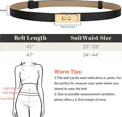 HOT2 Pack Women Skinny Leather Belt for Dresses Jeans Solid Color Alloy Turn Lock