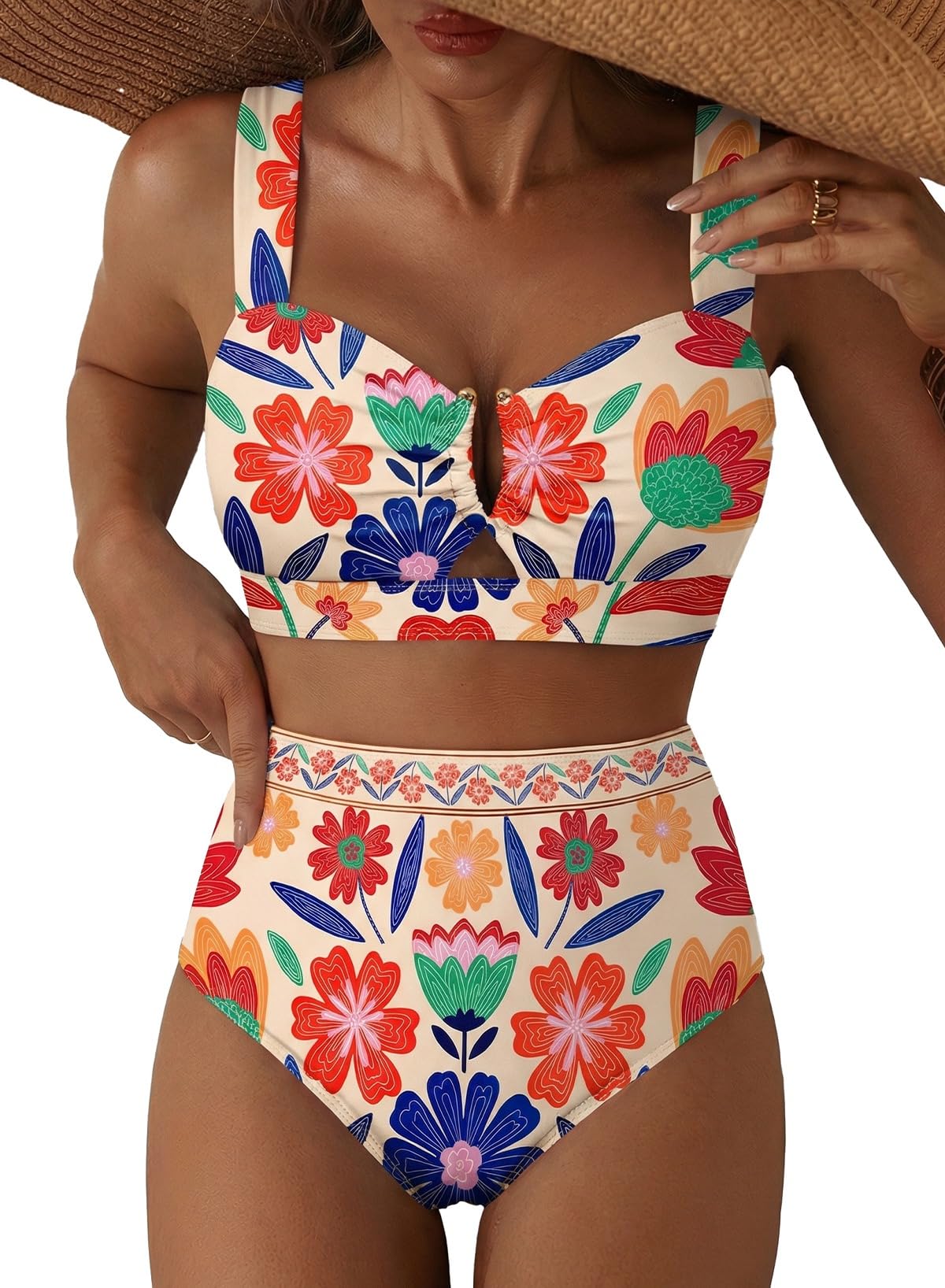 HOTHerseas Women's 2 Piece U Wire Cutout Bikini Sets Floral Print High Waisted Swimsuit 2026 Summer Beach Swim Bathing Suit