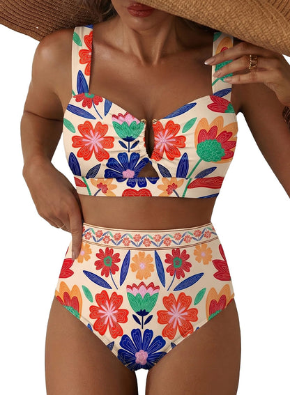 HOTHerseas Women's 2 Piece U Wire Cutout Bikini Sets Floral Print High Waisted Swimsuit 2026 Summer Beach Swim Bathing Suit