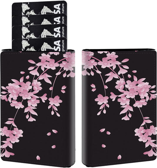 HOTPop Up Wallet Women Men with Money Slot,RFID Blocking Leather Minimalist Automatic Credit Card Holder Business Trifold Card Case-Cherry Blossoms
