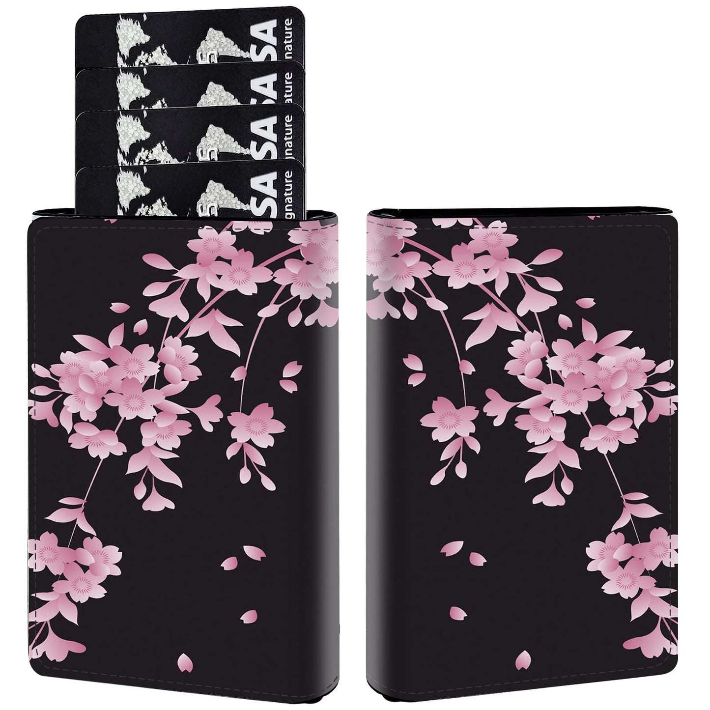HOTPop Up Wallet Women Men with Money Slot,RFID Blocking Leather Minimalist Automatic Credit Card Holder Business Trifold Card Case-Cherry Blossoms