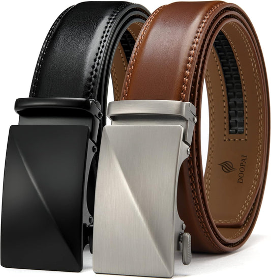 HOTDOOPAI Men's 2 Pack Ratchet Dress Belt - Adjustable 1 3/8" Genuine Leather, Size Length Can Be Cut, With Gift Box