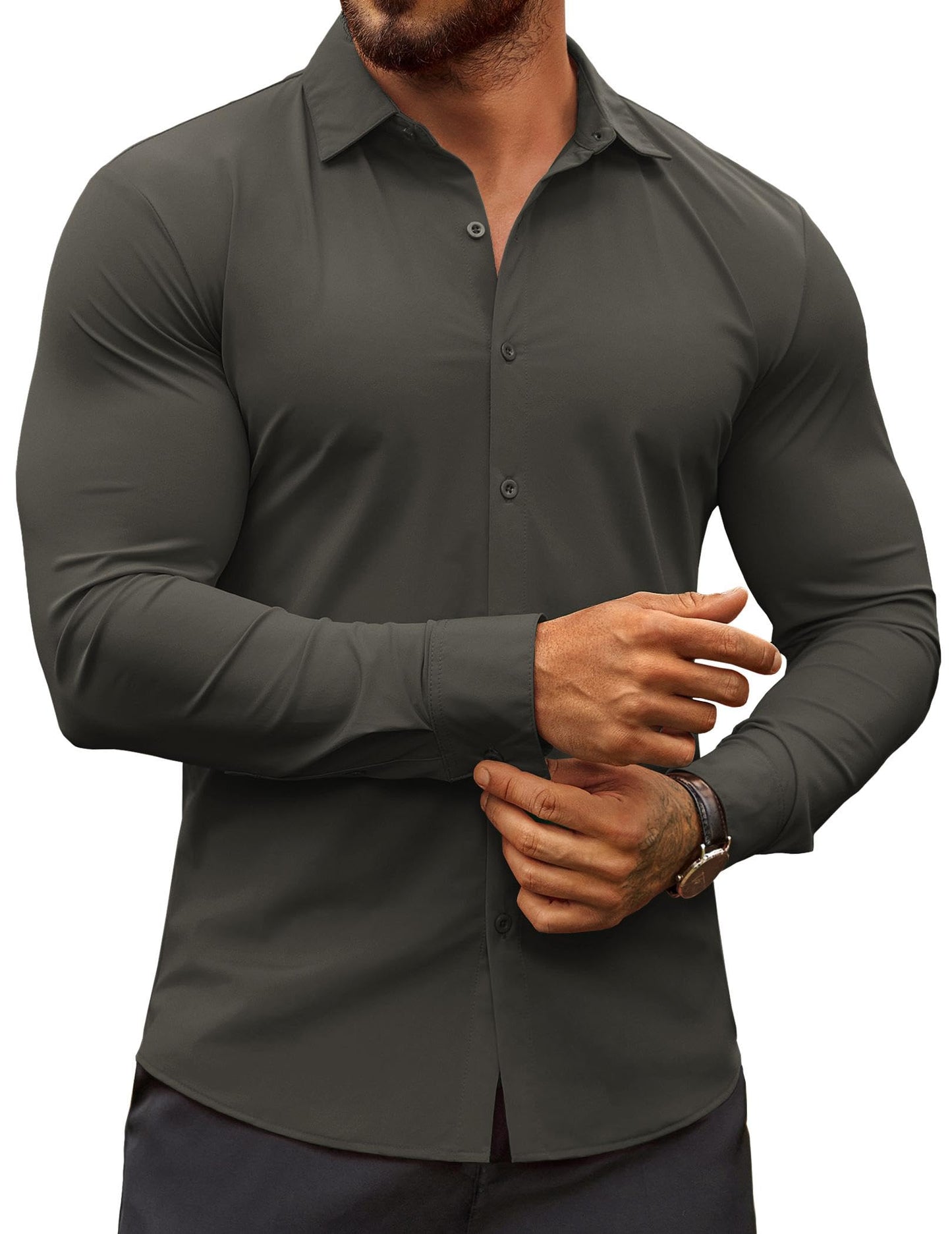 HOTCOOFANDY Men's Muscle Fit Dress Shirts Wrinkle-Free Long Sleeve Casual Button Down Shirts