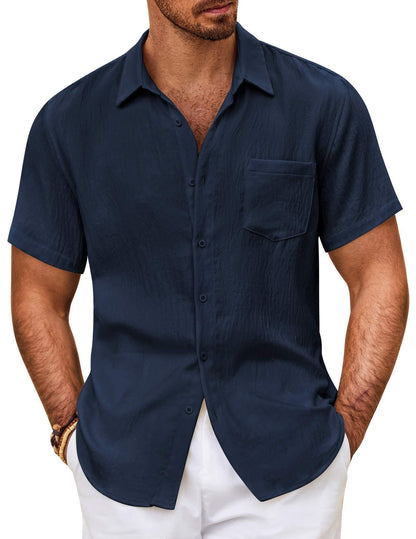 HOTCOOFANDY Mens Button Down Short Sleeve Shirt Casual Shirts Summer Beach Textured Shirts with Pocket