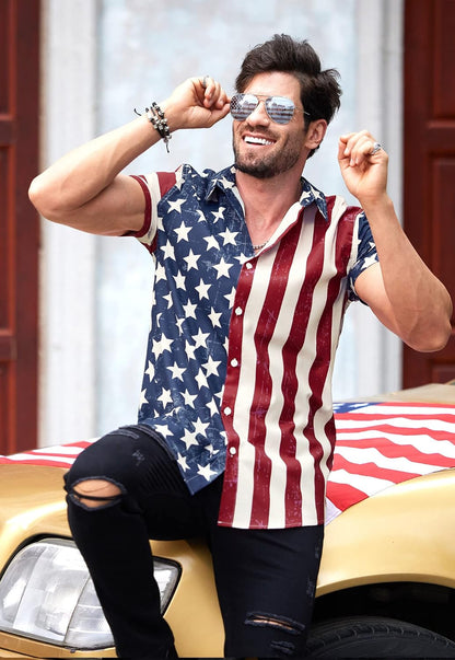 HOTArvilhill Men American Flag Button Shirt 4th of July Short Sleeve Shirts (S-3XL)