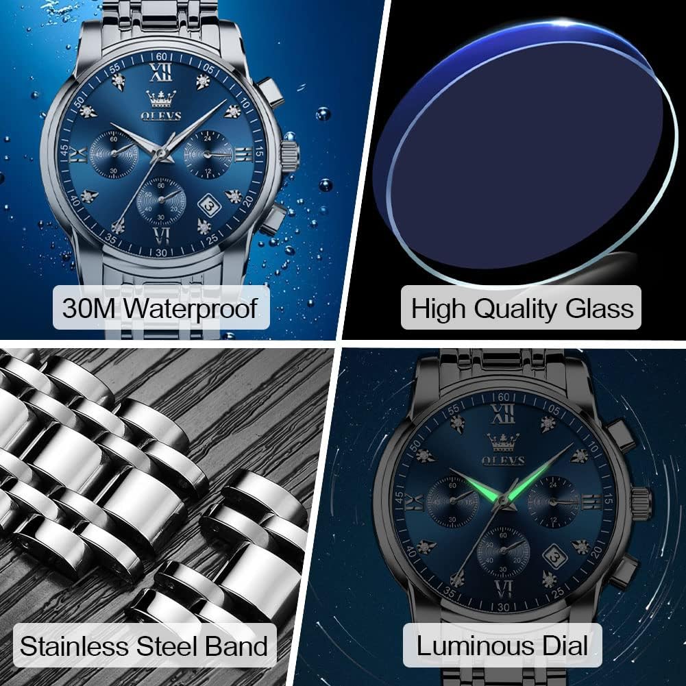 HOTOLEVS Men's Stainless Steel Chronograph Watch, Big Face Gold Silver Black Tone Easy to Read Analog Quartz Watch, Luxury Waterproof Date Diamond Roman Arabic Numerals Dial Dress Watch for Men