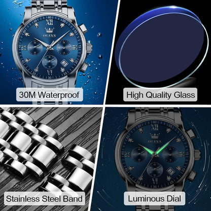 HOTOLEVS Men's Stainless Steel Chronograph Watch, Big Face Gold Silver Black Tone Easy to Read Analog Quartz Watch, Luxury Waterproof Date Diamond Roman Arabic Numerals Dial Dress Watch for Men