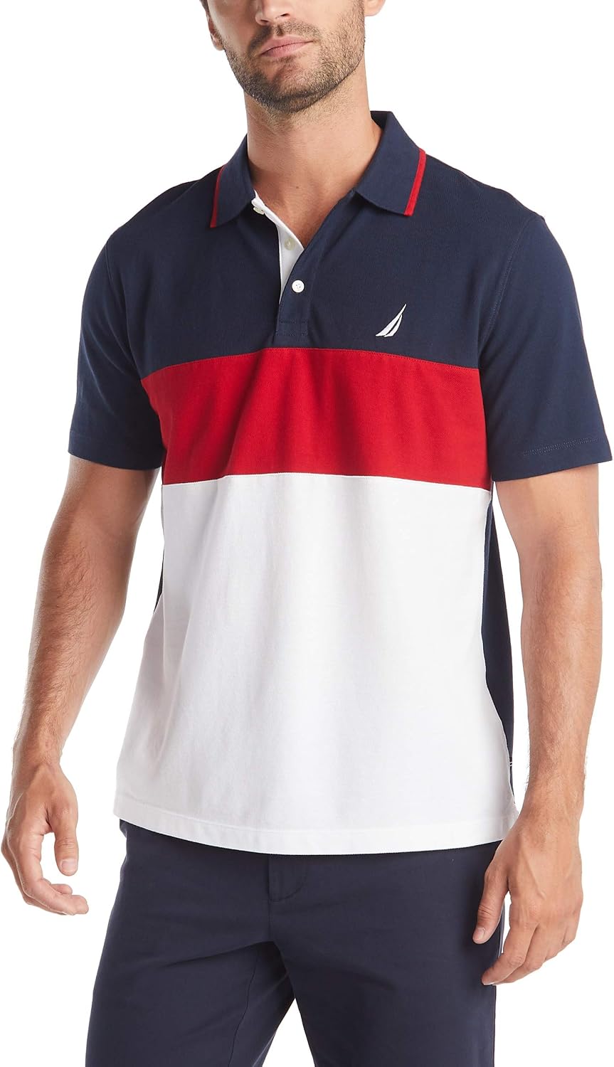 HOTNautica Men's Short Sleeve 100% Cotton Pique Color Block Polo Shirt