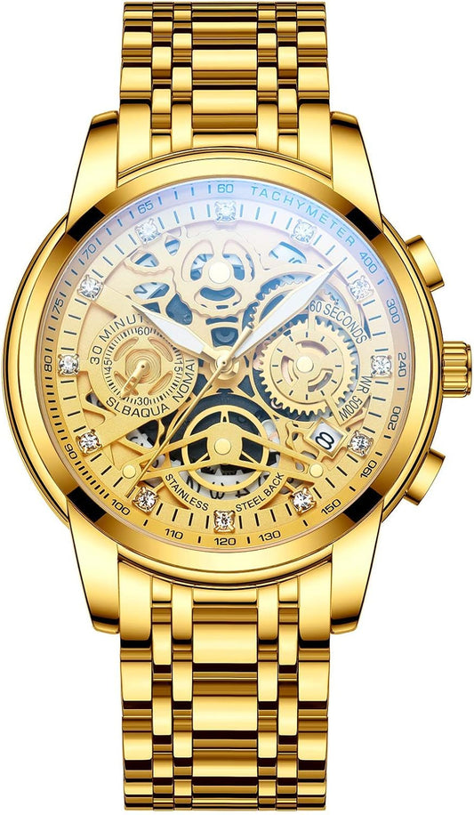 HOTNEKTOM Watches for Men with Stainless Steel, Quartz Analog Watch with Date, Luxury Minimalist Dress Mens Watches, Chronograph Watch, 3ATM Waterproof, Black Wristwatch, Gifts for Men