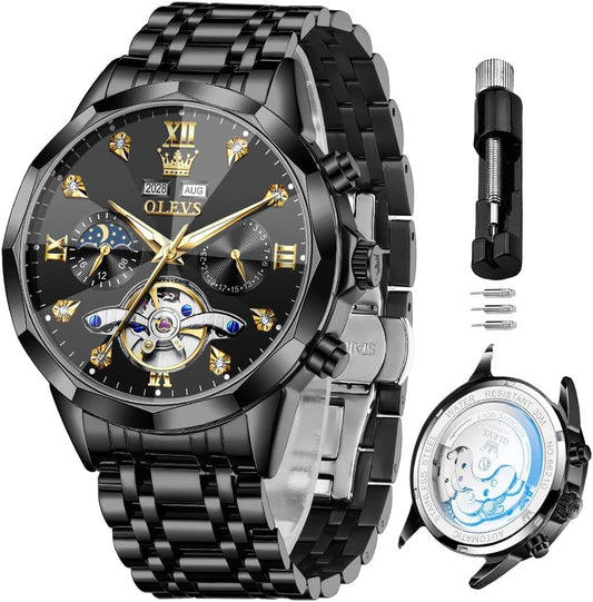 HOTOLEVS Skeleton Men Watches Automatic Business Luxury Diamond Self Winding Watch for Men Stainless Steel Calendar Wrist Watch
