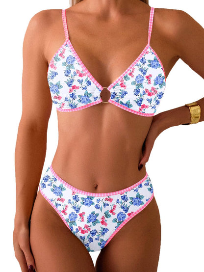 HOTTainehs Women's Two Piece Bikini Sets O Ring Front Top Ditsy Floral Triangle Swimsuits Cheeky Bathing Suit